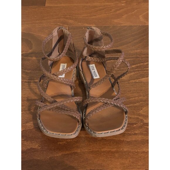 Steve Madden Brown Tessi Flat Sandal Ankle Straps Size 9 Braided Ankle Gladiator - Picture 3 of 8